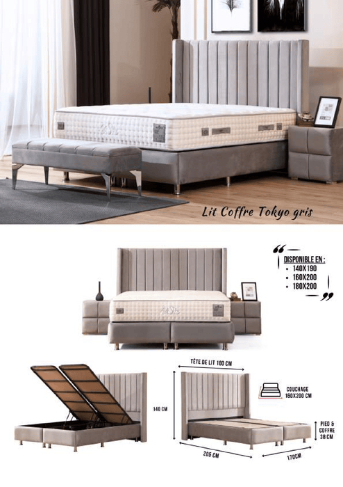 Lit coffre Tokyo gris 140x190 cm 160x200 cm 180x200 cm Velours