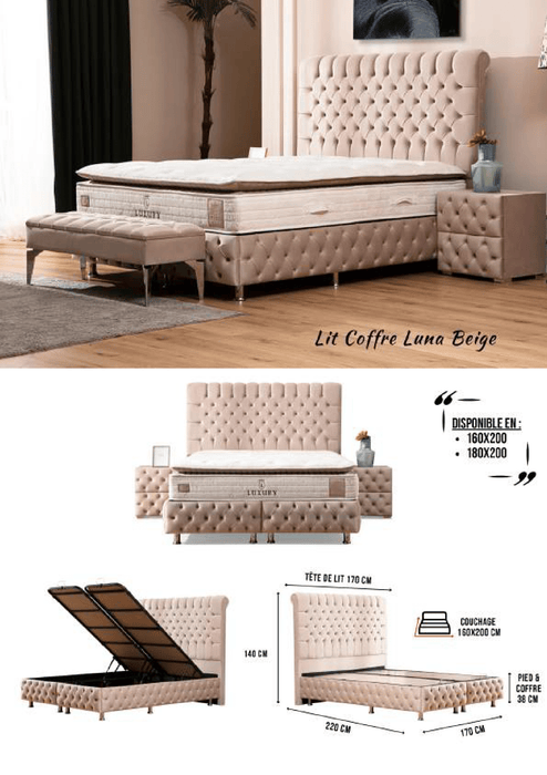 Lit coffre Luna beige Velours