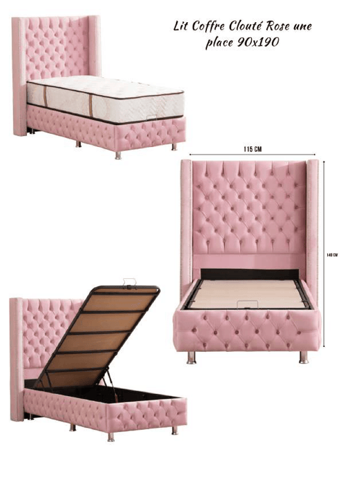 Lit coffre 90x190 cm Clouté rose Velours